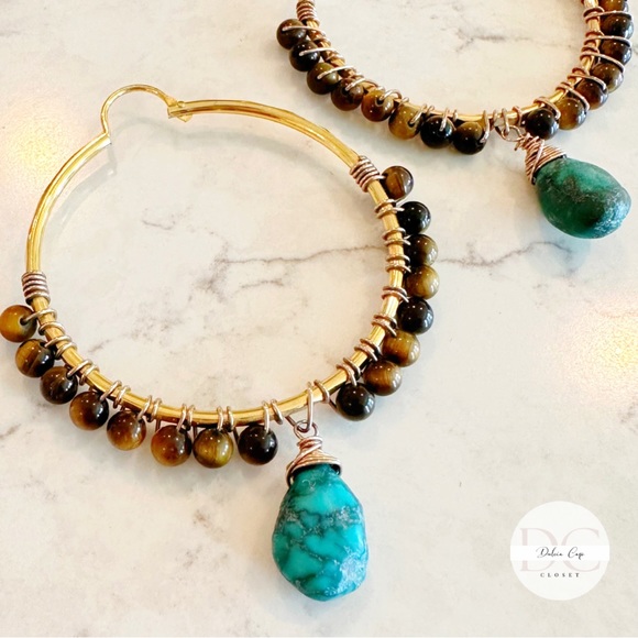NEW Hoop Earrings With Tiger Eye Quartz and Turquoise Quartz - Picture 3 of 6